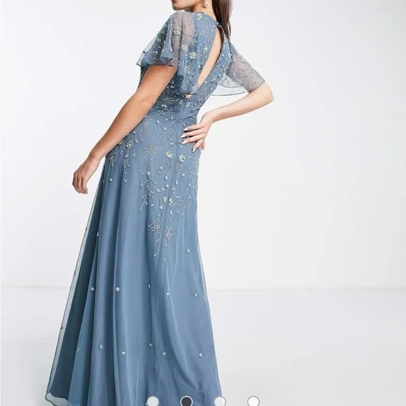 ASOS DESIGN flutter sleeve maxi dress with trailing floral embellishment in blue - Picture 4 of 6
